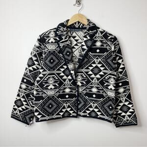 Vintage 90s Y2K black cream southwestern Cowichan tapestry blanket crop jacket M